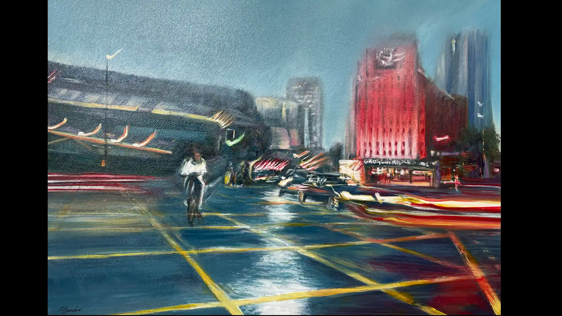 Original Birmingham cityscape painting, Evening Glow, by Julie Swinsco. Oil on board, tray framed. Signed artwork with Certificate of Authenticity.