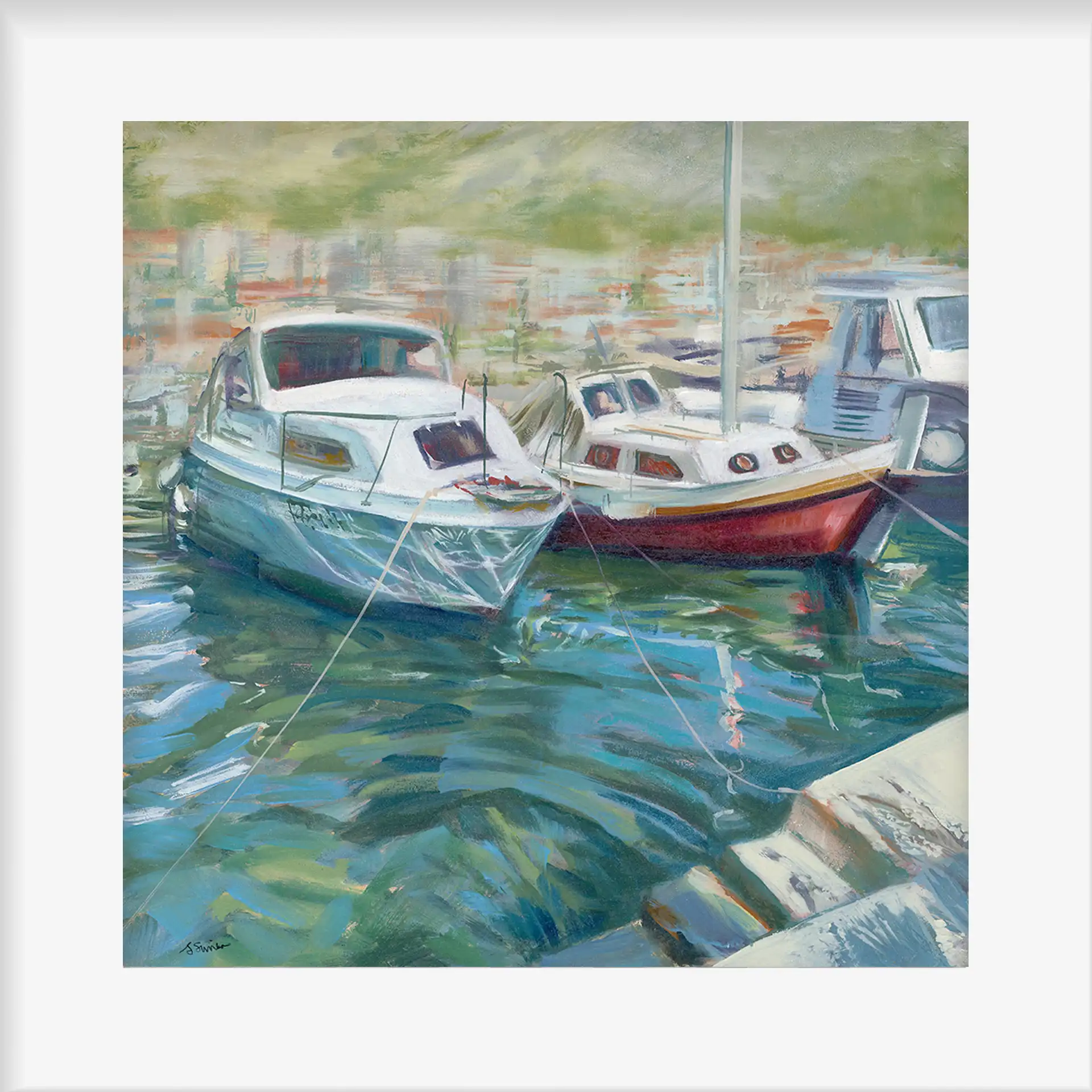 Marina Giclée Print by Julie Swinsco. Limited edition of three small boats, tethered within a Marina in Dubrovnik, signed and mounted ready for framing.