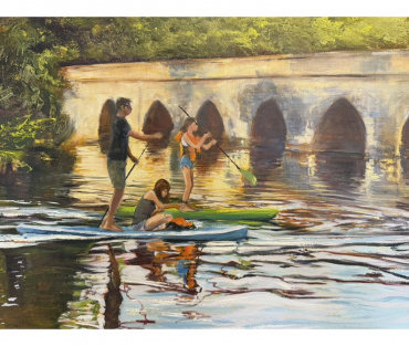 Stratford-upon-Avon river painting with paddleboarders by Julie Swinsco