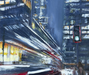 Green Light at Rush Hour II small Canary Wharf painting by Julie Swinsco