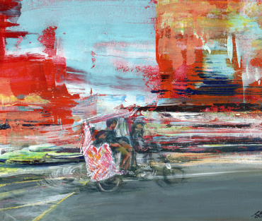 Pink Tuk-Tuk London painting at Piccadilly Circus by Julie Swinsco