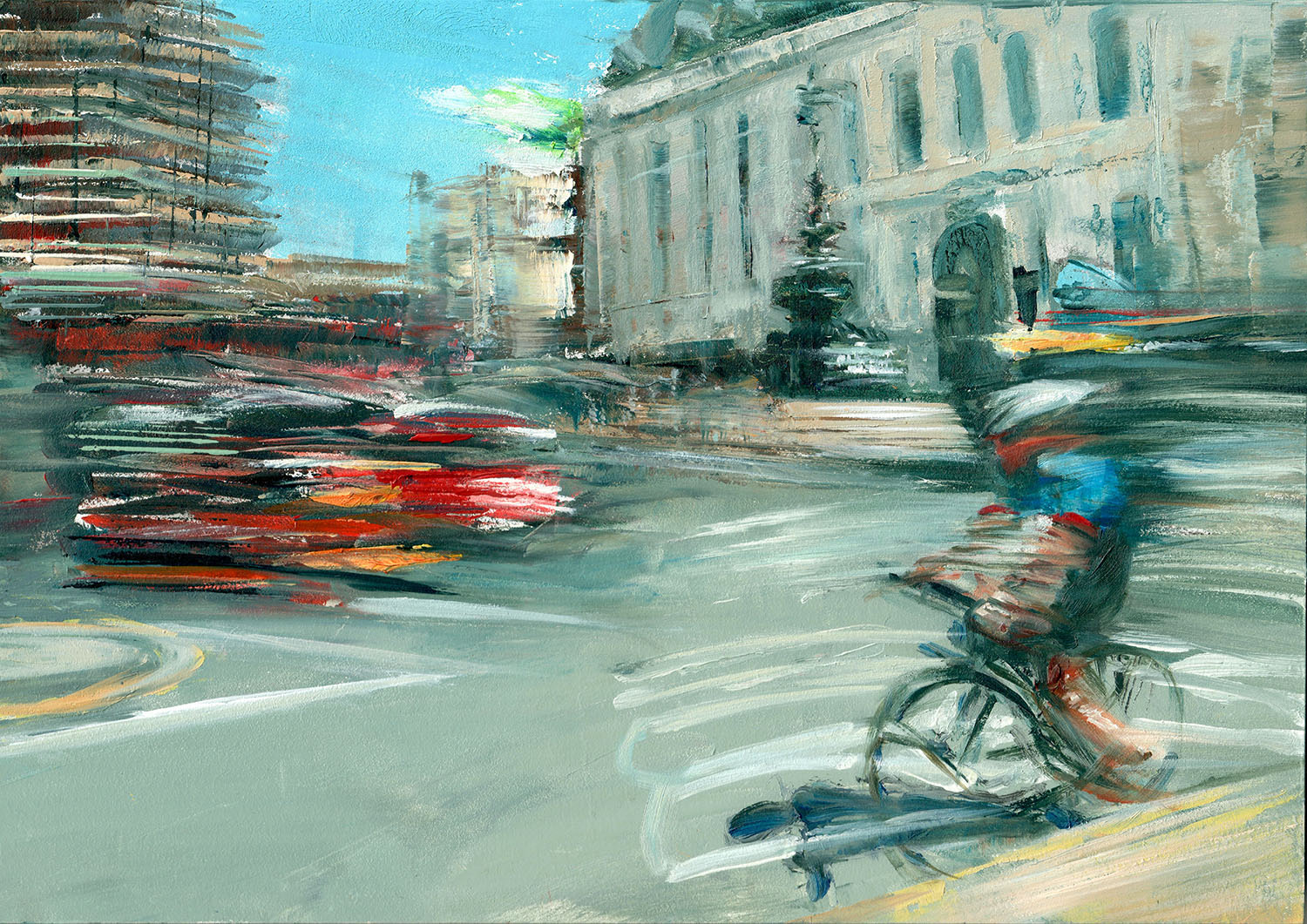 Piccadilly Circus rush hour painting with cyclist by Julie Swinsco